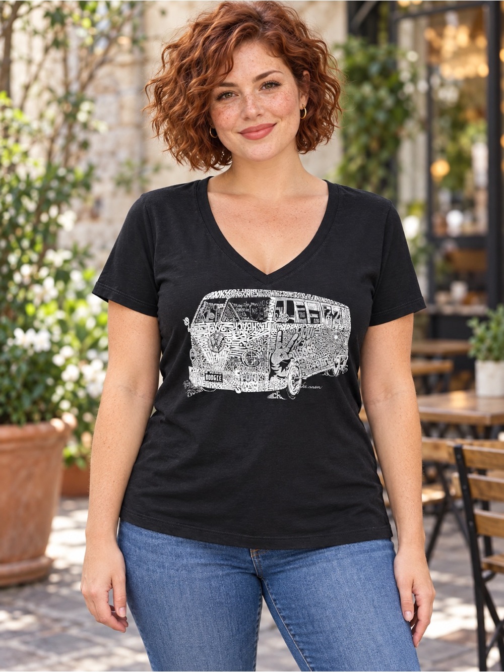 Women’s Black V-Neck Graphic Tee with White Bus Illustration